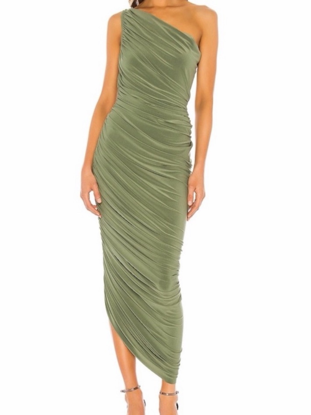 Norma Kamali Olive One-Shoulder Ruched Dress